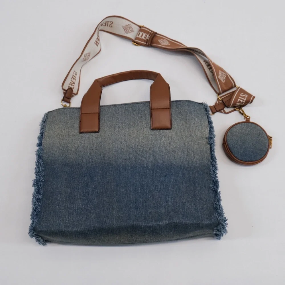 Steve Madden Tote Bag Women Blue Denim Frayed Log Large Satchel